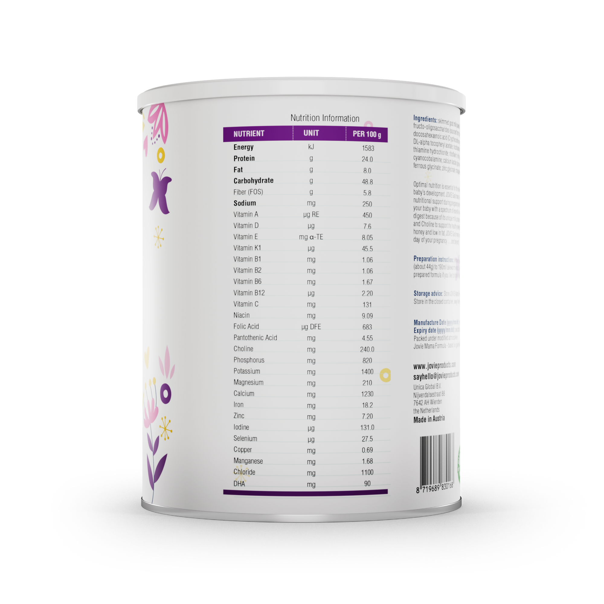 Jovie Goat Organic Mama Formula - Nutritional Table