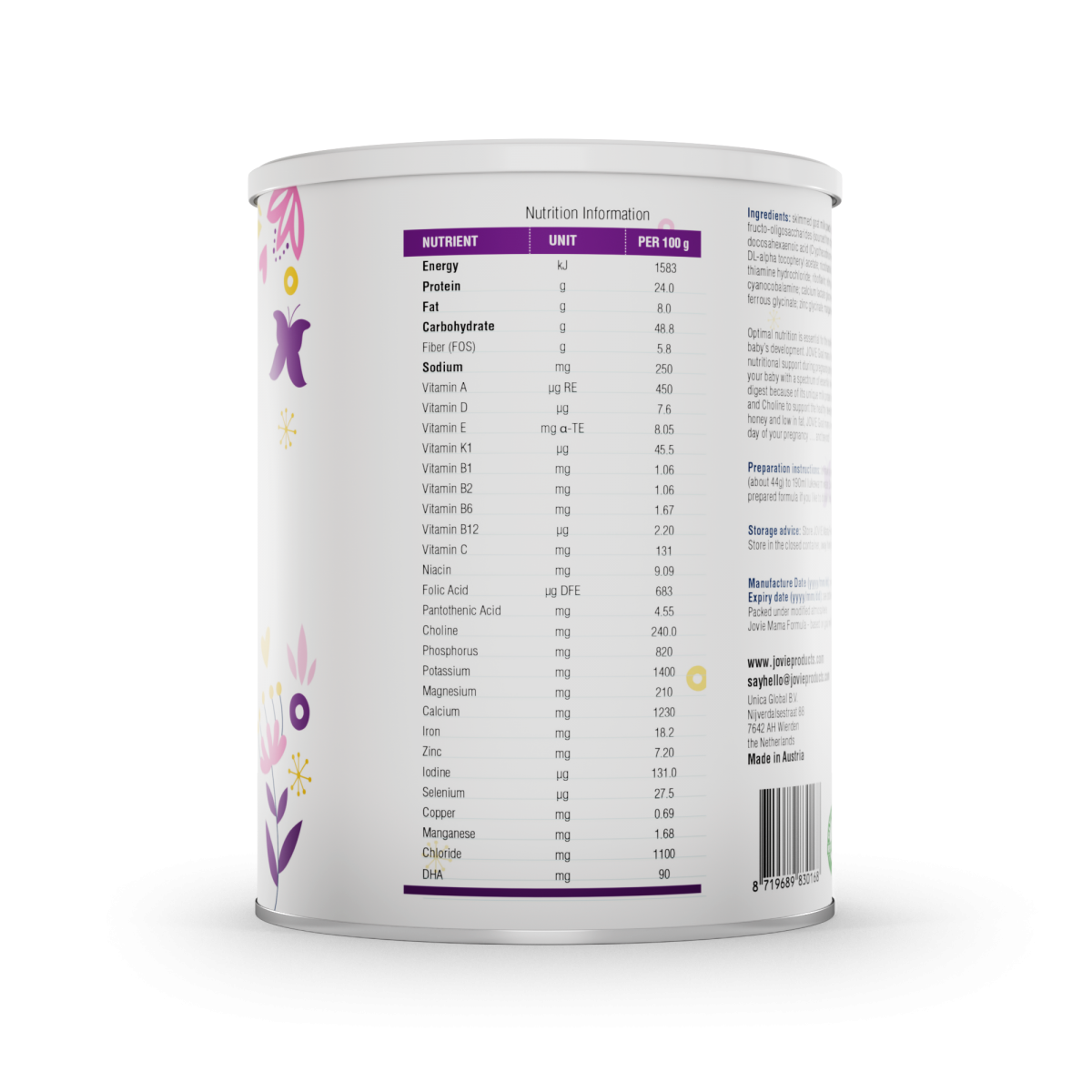 Jovie Goat Organic Mama Formula - Nutritional Table